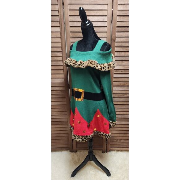 Mrs. Claus Christmas New Sweater Dress XL 16/18 Leopard Print Knit Cold Shoulder - Picture 5 of 8